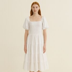 Wishing Waves Smocked Tiered White Short Puffed Sleeve Dress XL